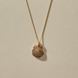 Elysian Shell Necklace in bronze, the ribbed scallop shell pendant laid flat.