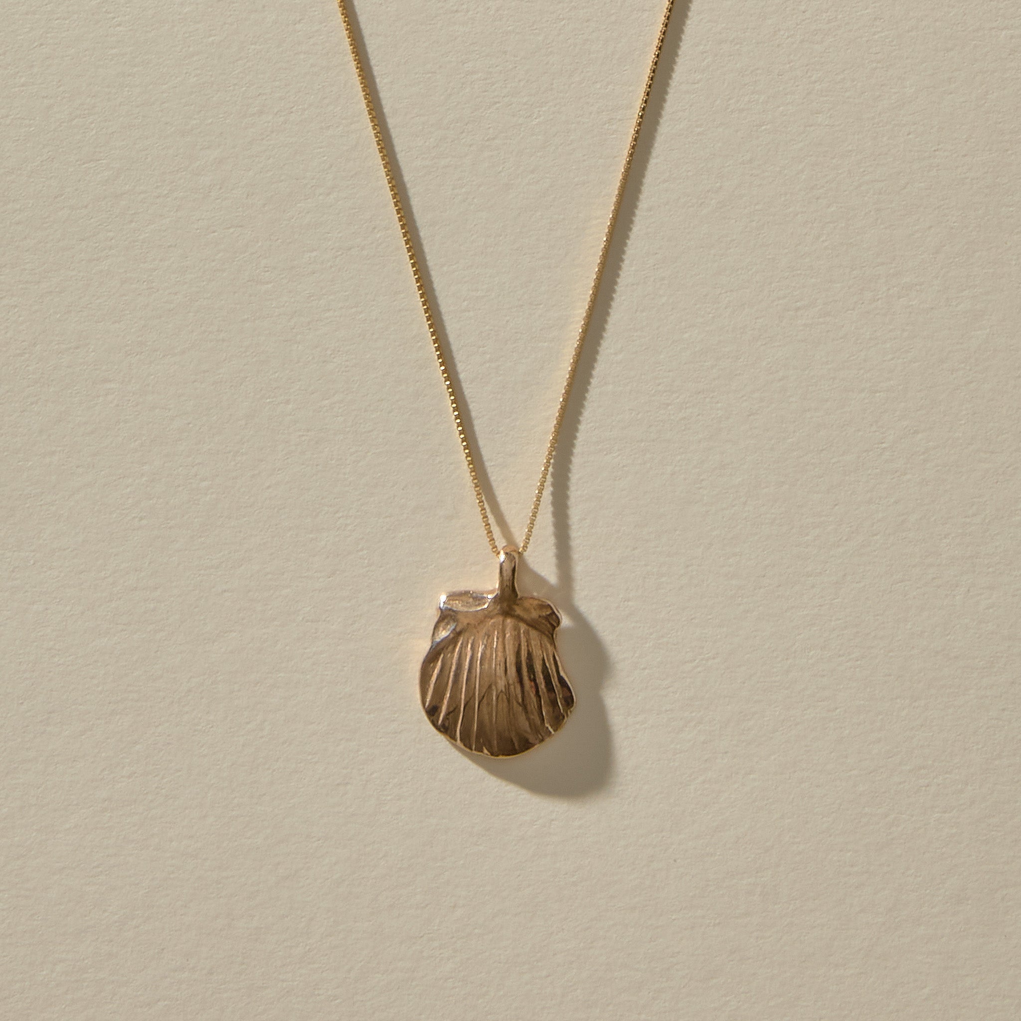Elysian Shell Necklace in bronze, the ribbed scallop shell pendant laid flat.