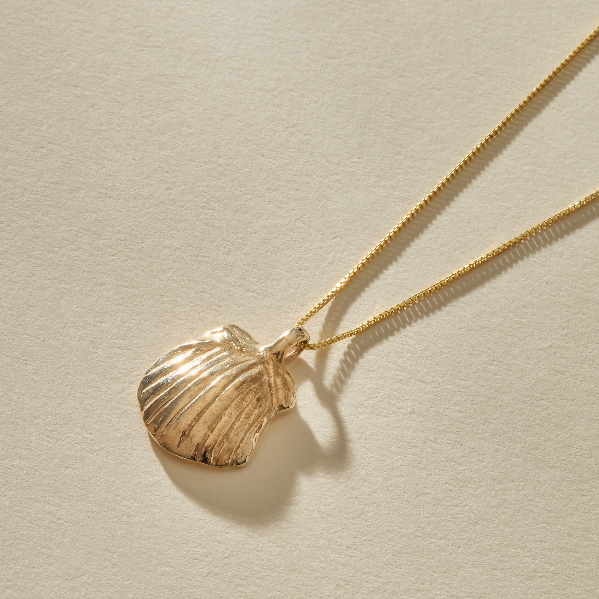 Elysian Shell Necklace in solid recycled gold, a cast scallop shell pendant on a fine gold chain.