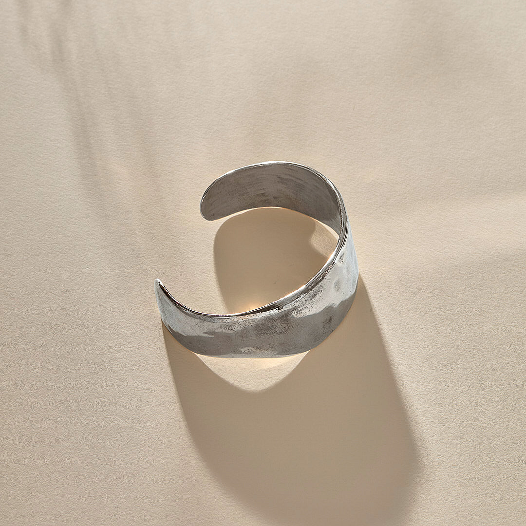 Guardian Hammered Cuff in sterling silver from above, showing the cuff opening.