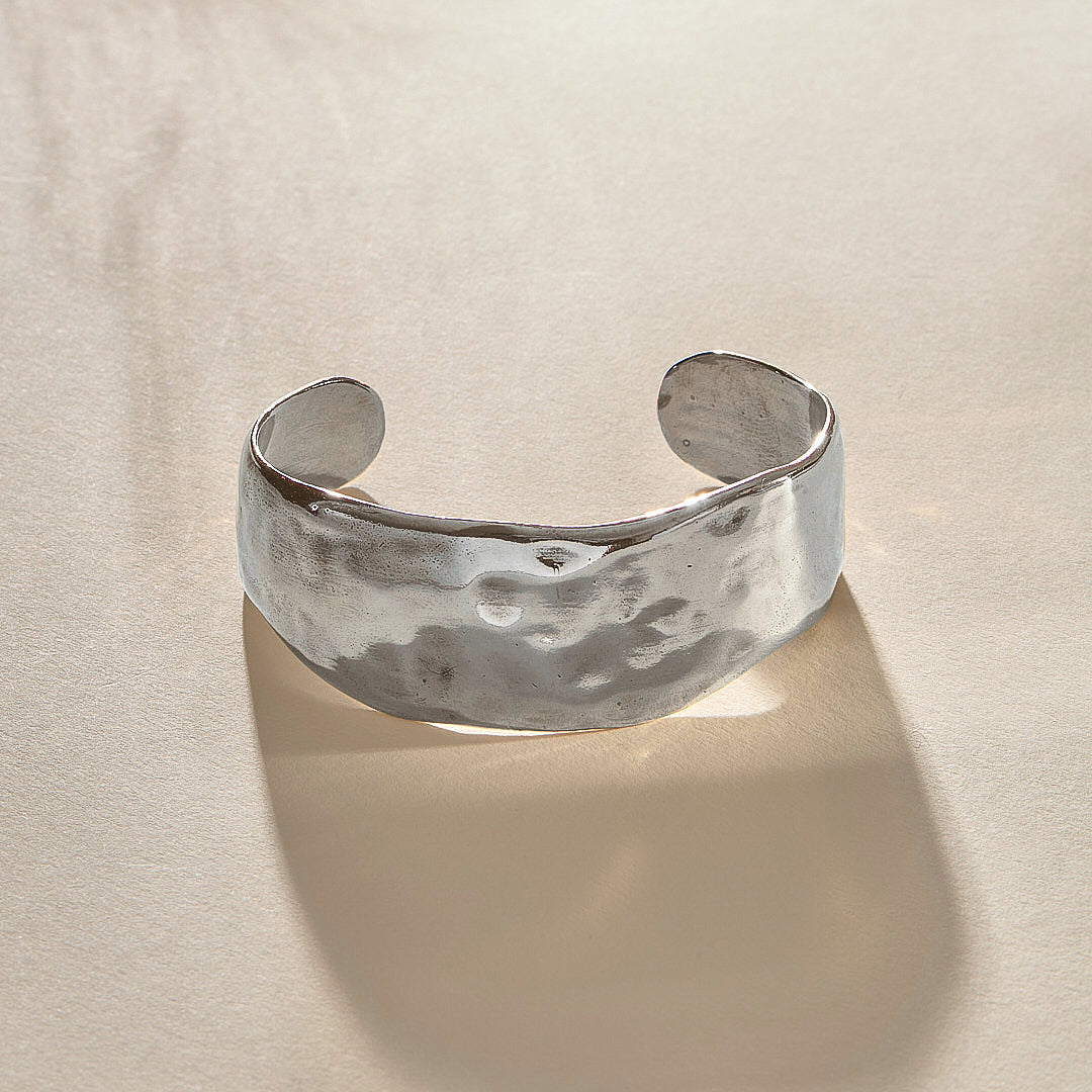 Guardian Hammered Cuff Bracelet in recycled sterling silver, a wide, hand-carved cuff with a hammered texture.