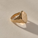 Heritage Textured Signet Ring in solid recycled gold at an angle, showing the dappled signet face.