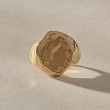 Heritage Textured Signet Ring in solid recycled gold from the front, a softly indented, dappled oval face.