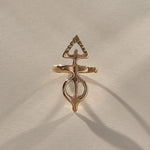 Ma'at Elemental Ring in recycled bronze, front view of the hand-carved Egyptian goddess amulet ring