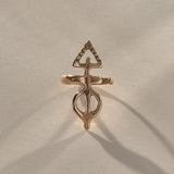Ma'at Elemental Ring in recycled bronze, front view of the hand-carved Egyptian goddess amulet ring