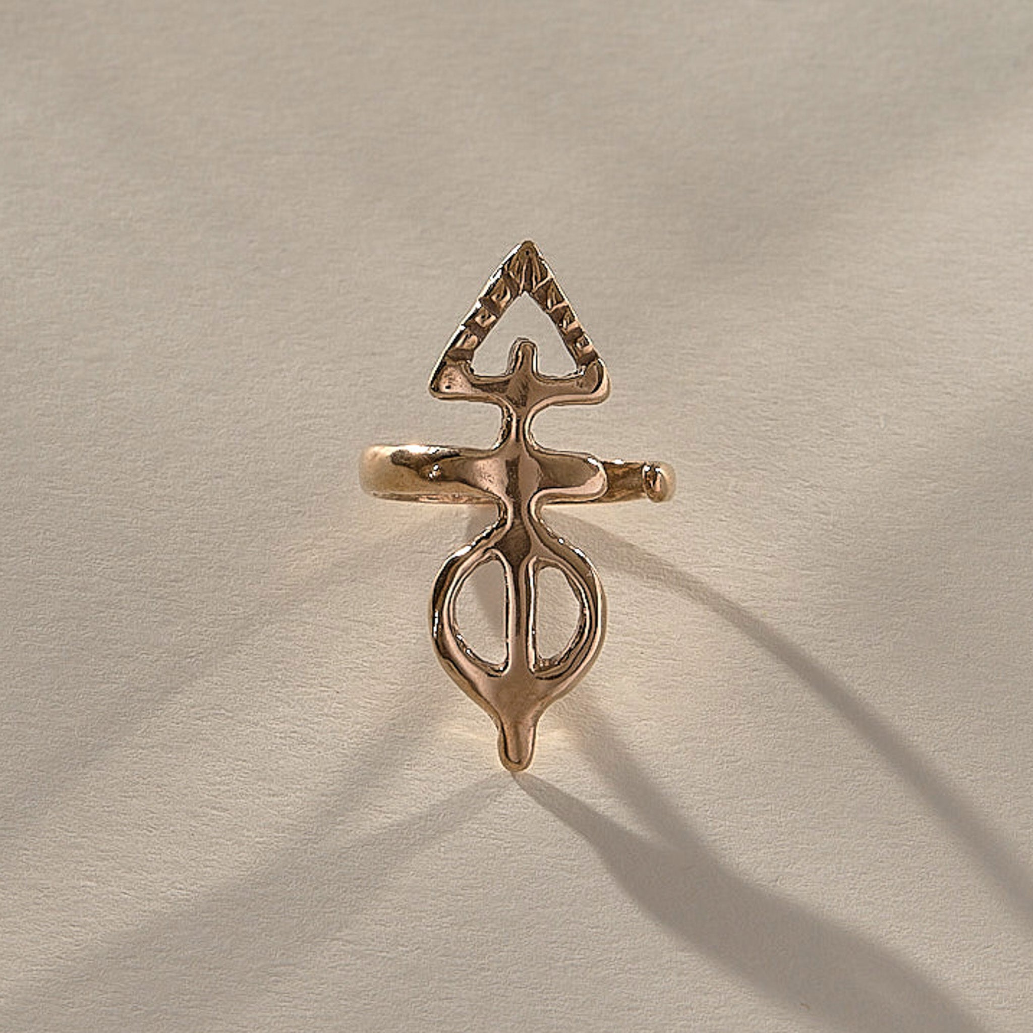 Ma'at Elemental Ring in recycled bronze, front view of the hand-carved Egyptian goddess amulet ring