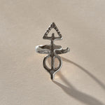 Ma'at Elemental Ring in recycled sterling silver, angled view of the sculptural adjustable band