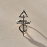 Ma'at Elemental Ring in recycled sterling silver, angled view of the sculptural adjustable band
