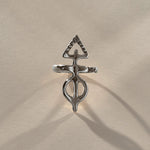 Ma'at Elemental Ring in recycled sterling silver, front view of the hand-carved Egyptian goddess amulet ring