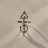 Ma'at Elemental Ring in recycled sterling silver, front view of the hand-carved Egyptian goddess amulet ring