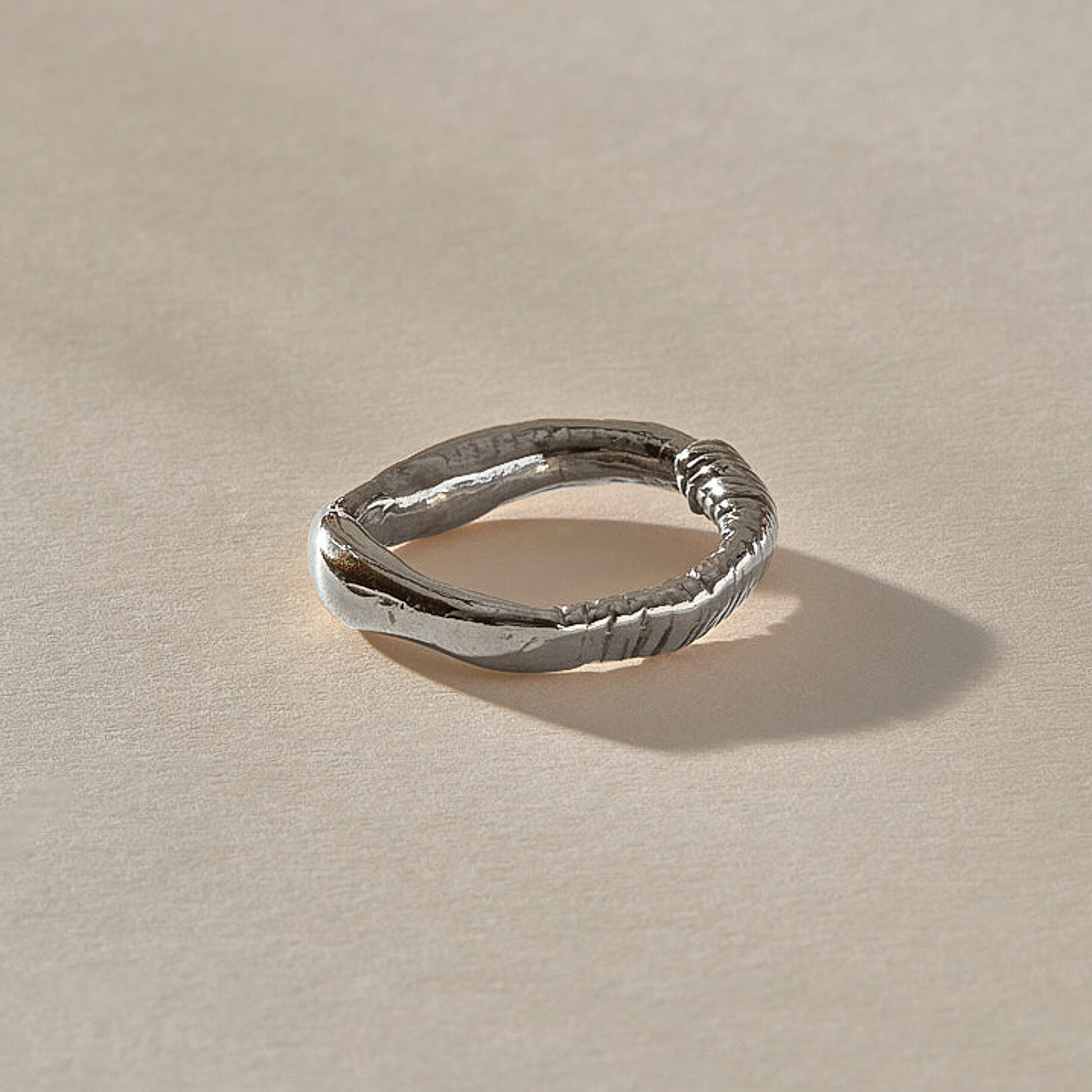 Magi Ring in recycled sterling silver, side view showing the textured wrap detail