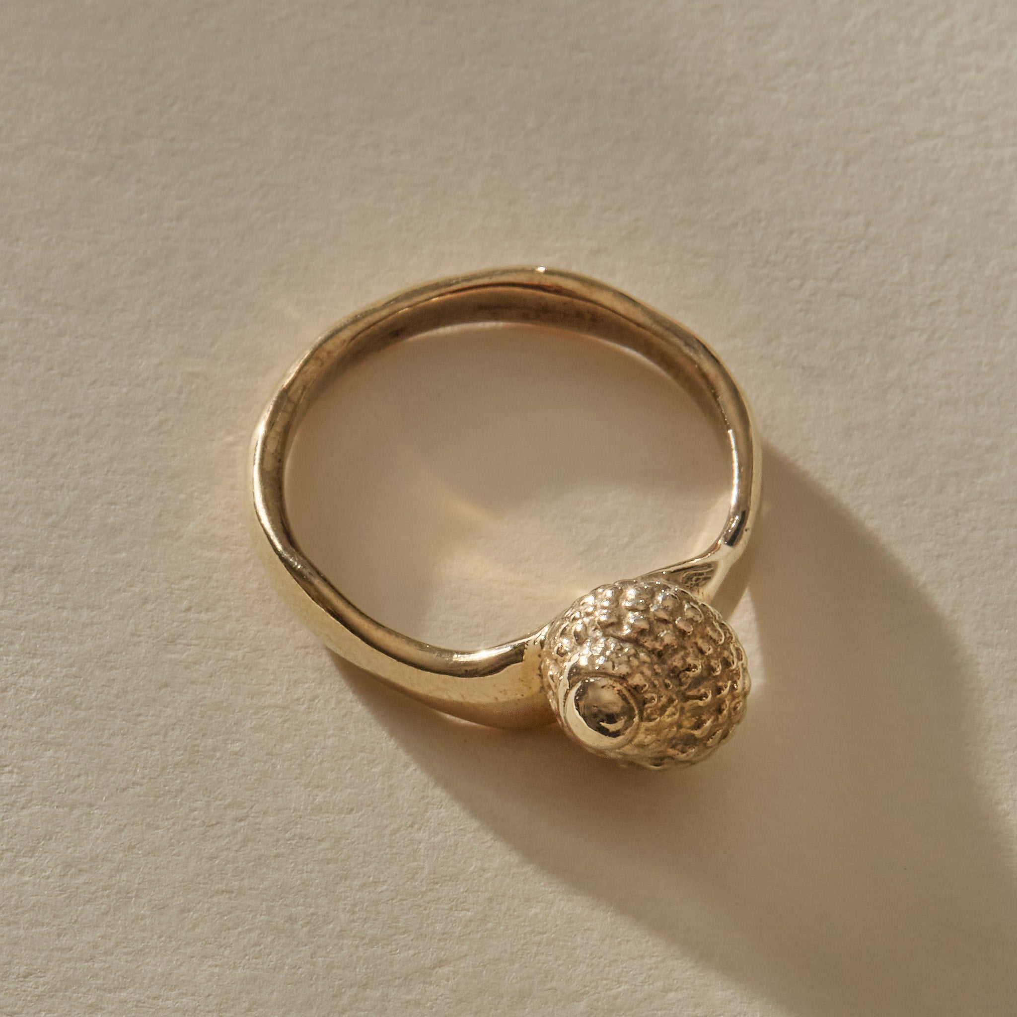 Maré Ring in solid recycled gold, back view showing the shell from behind