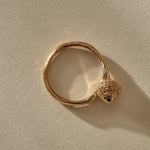 Top-down view of the Maré Shell Ring in bronze, the seashell set to one side of the round band.