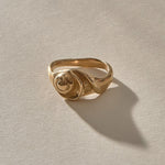 Neptune Spiral Shell Ring in gold, a hand-cast spiral seashell set on the band, seen from the front.