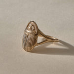 Scarab Ring in recycled bronze, angled view of the scarab and split band
