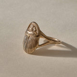 Scarab Ring in recycled bronze, angled view of the scarab and split band
