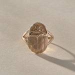 Scarab Ring in recycled bronze, front view of the hand-carved Egyptian scarab beetle amulet