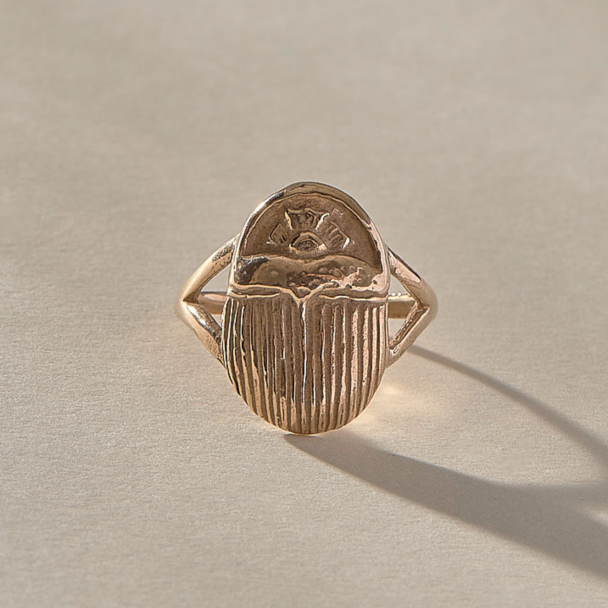Scarab Ring in recycled bronze, front view of the hand-carved Egyptian scarab beetle amulet
