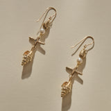Sereia Shell and Pearl Chandelier Earrings in solid recycled gold, a pearl and cast spiral seashell drop on gold hooks.