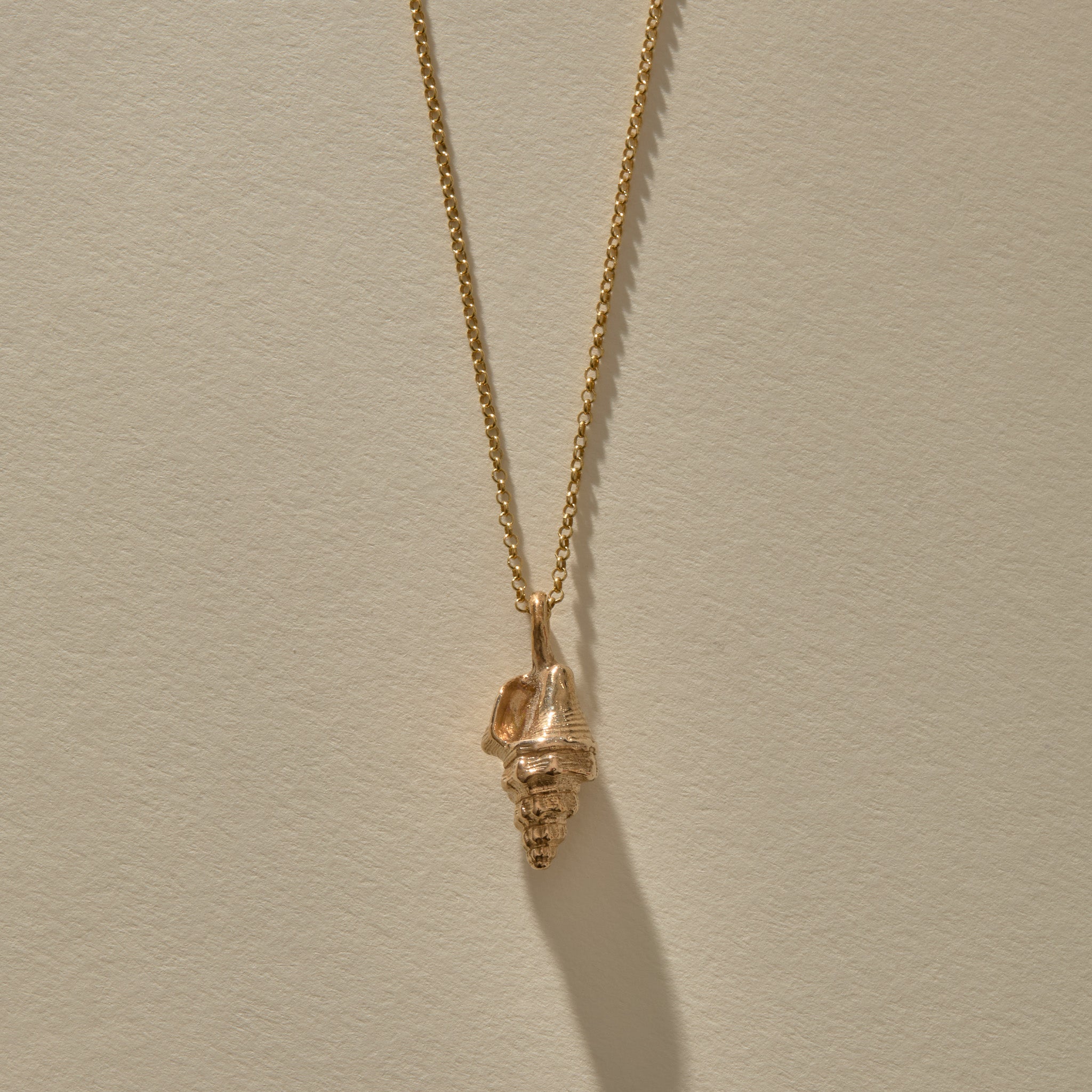 Sereia Spiral Shell Necklace in recycled bronze, a cast spiral seashell pendant on a fine rolo chain.