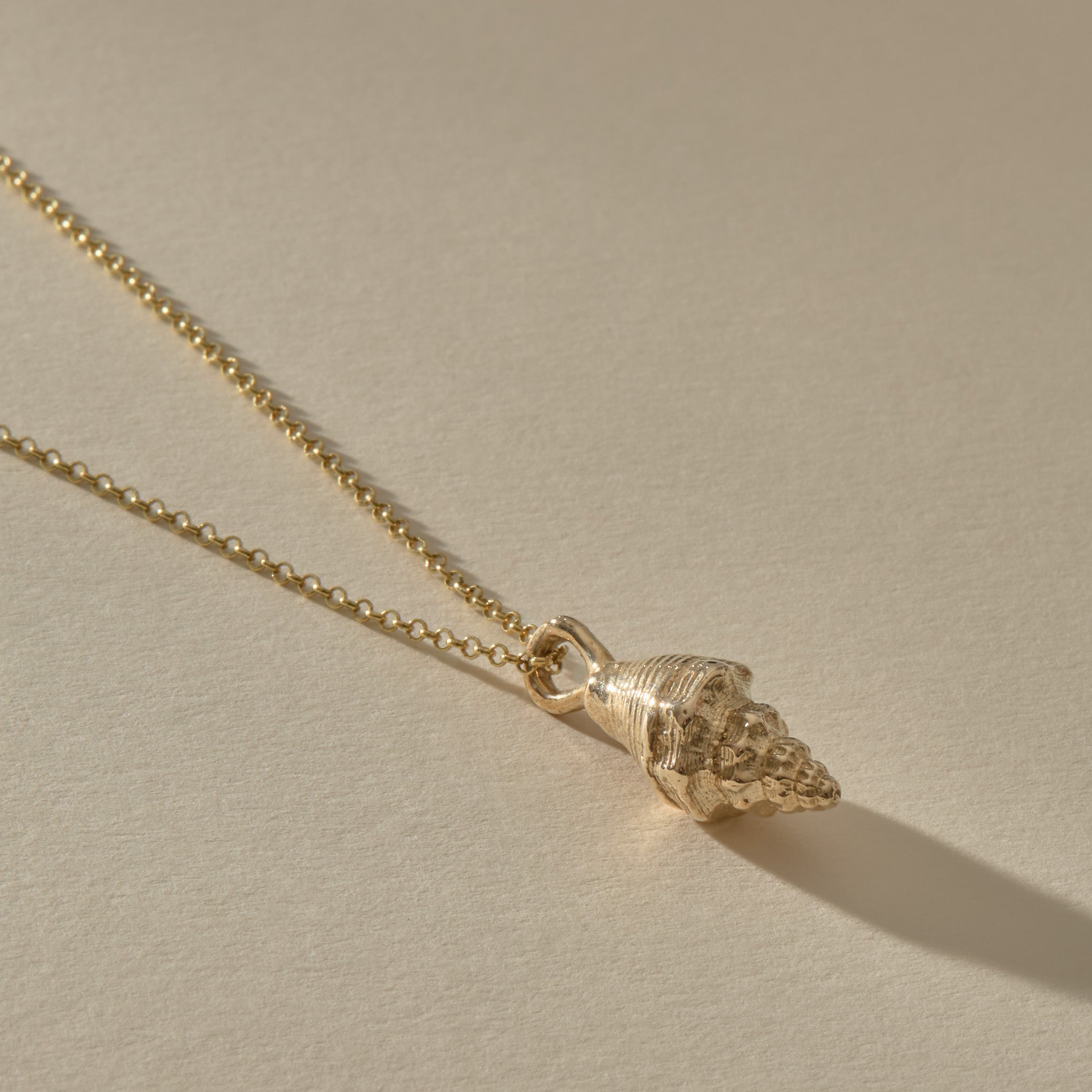 Sereia Spiral Shell Necklace in gold, the shell pendant lying on its rolo chain.