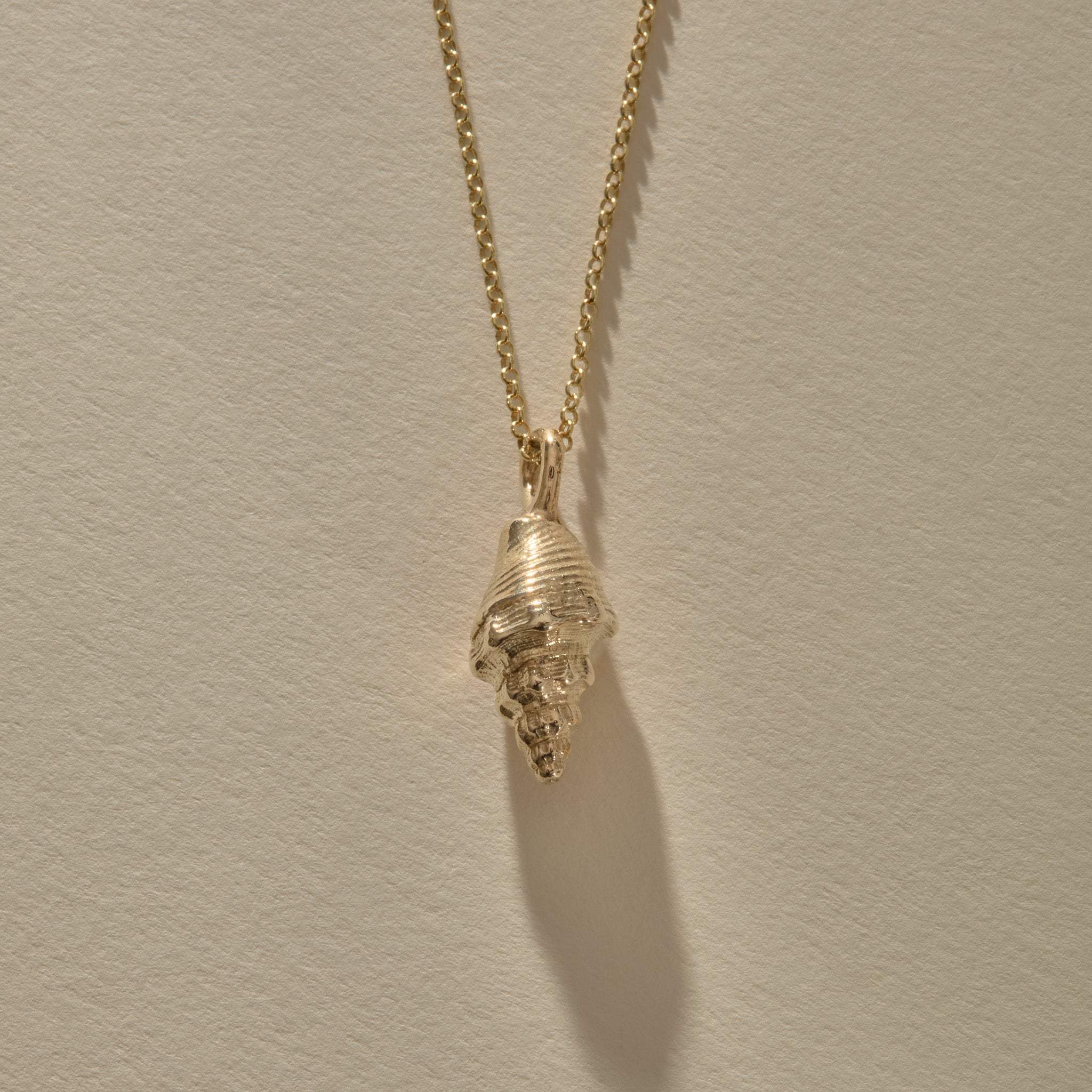 Clasp and rolo chain of the Sereia Spiral Shell Necklace in gold.