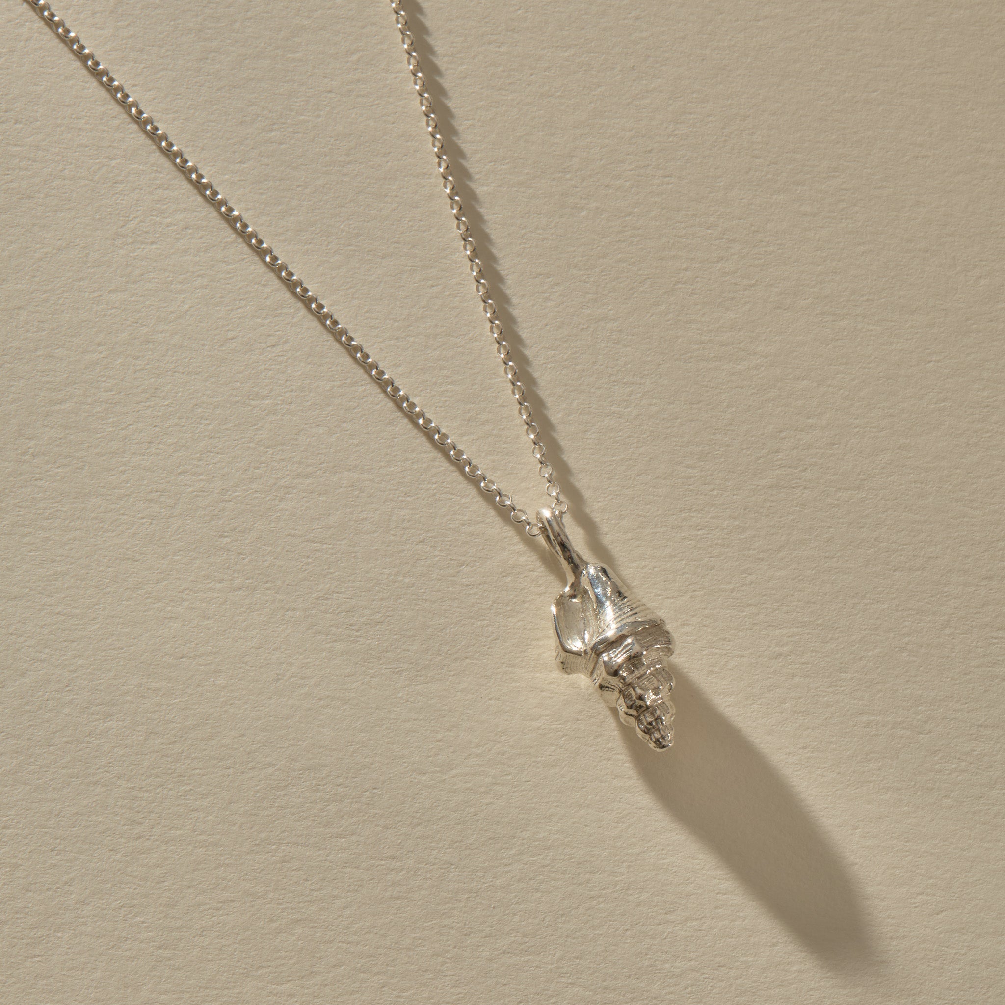 Sereia Spiral Shell Necklace in sterling silver, the spiral shell hanging from its chain.