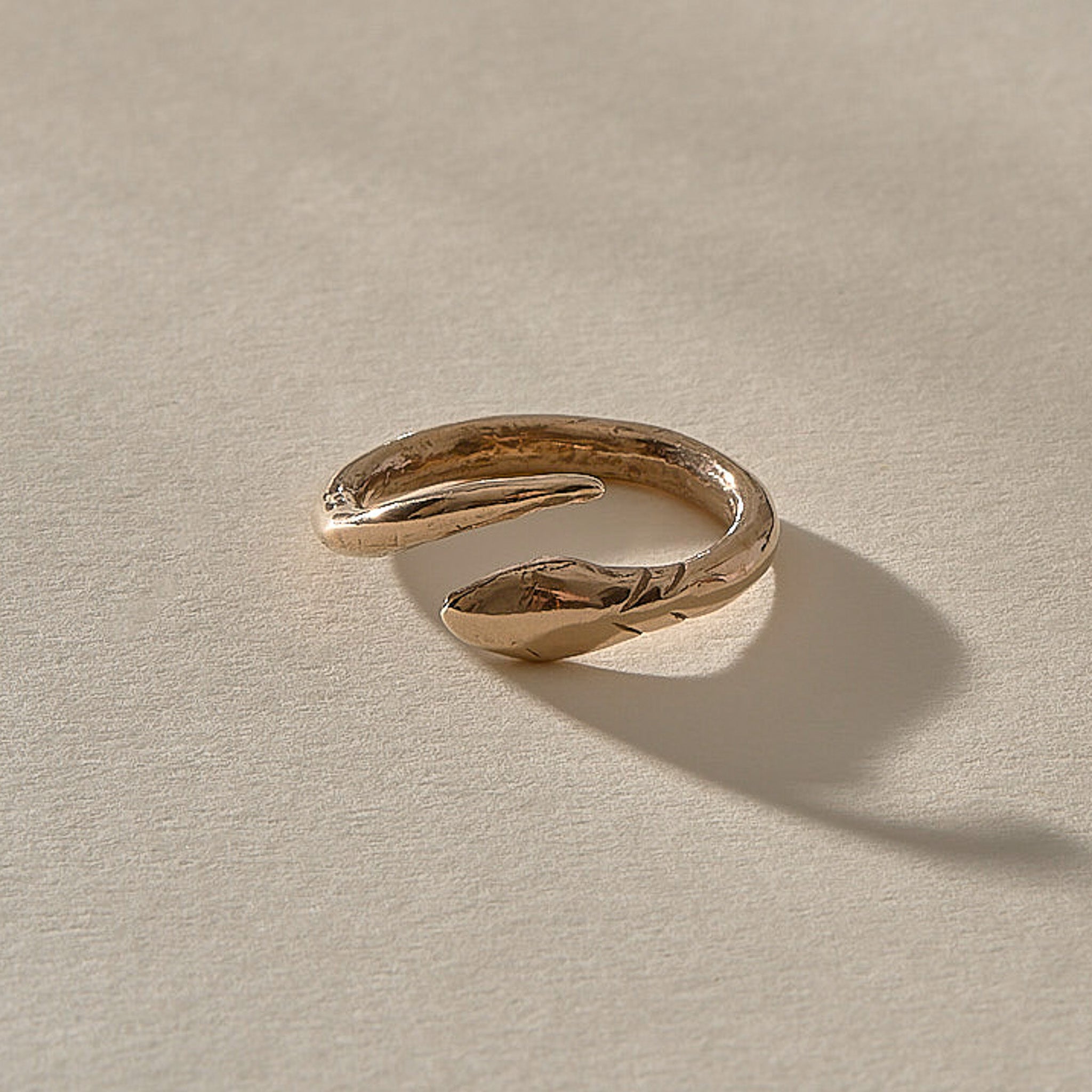 Serpent Ring in recycled bronze, adjustable open snake wrap ring with hand-carved head