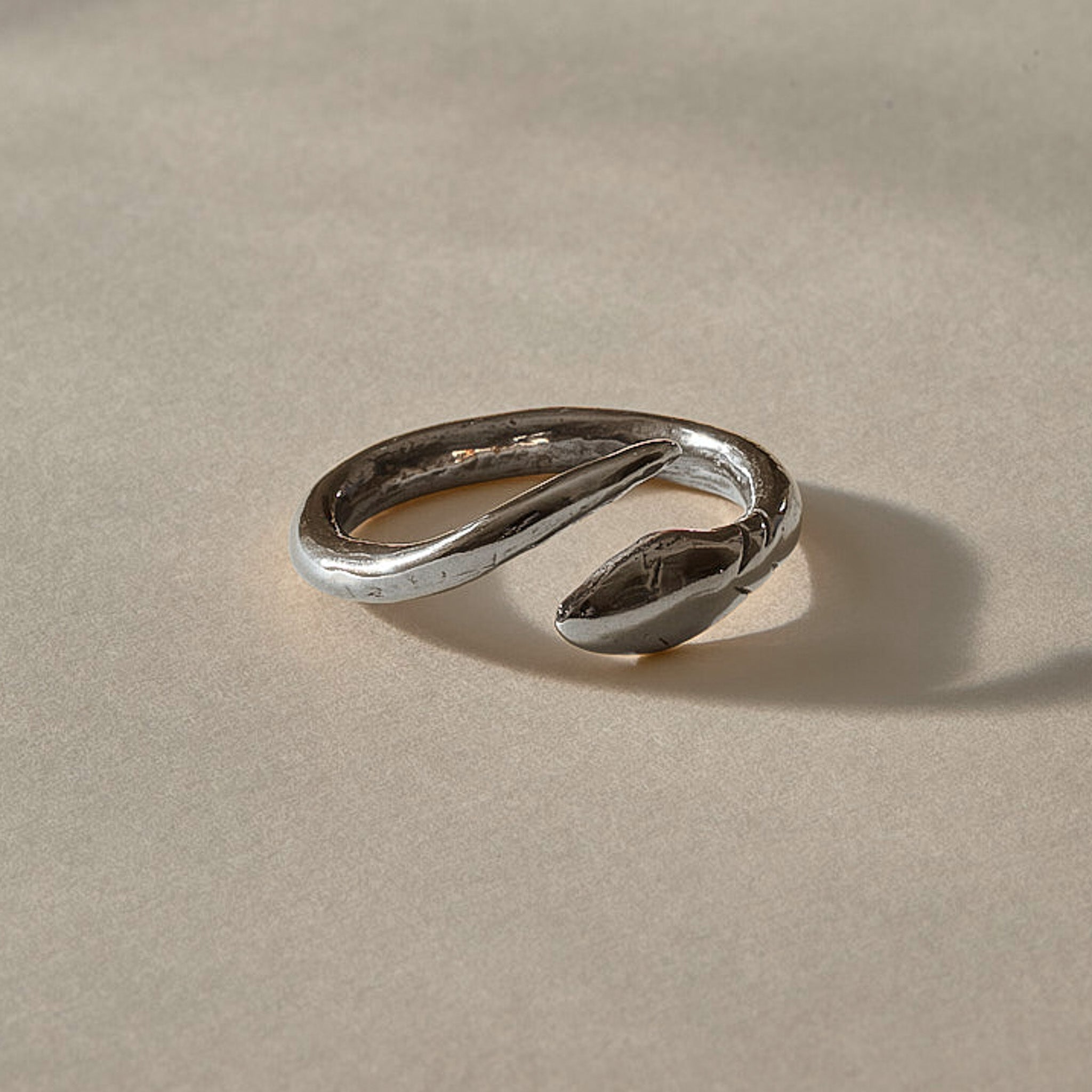 Serpent Ring in recycled sterling silver, adjustable open snake wrap ring with hand-carved head
