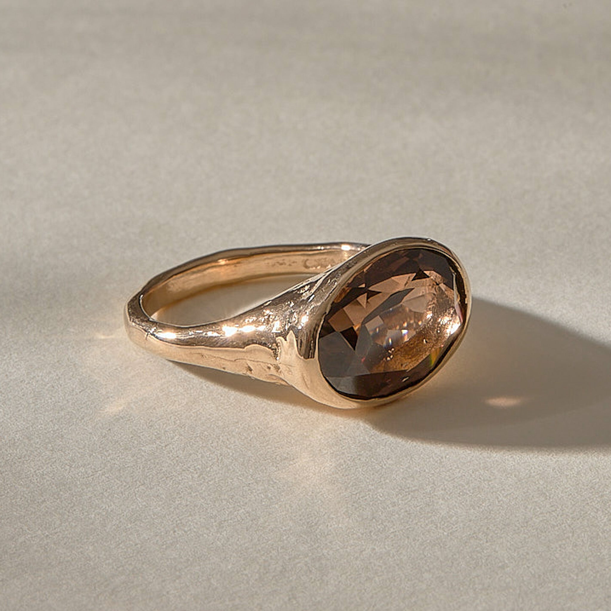 Smoky Quartz Signet Ring in recycled bronze, faceted oval smoky quartz in an organic band