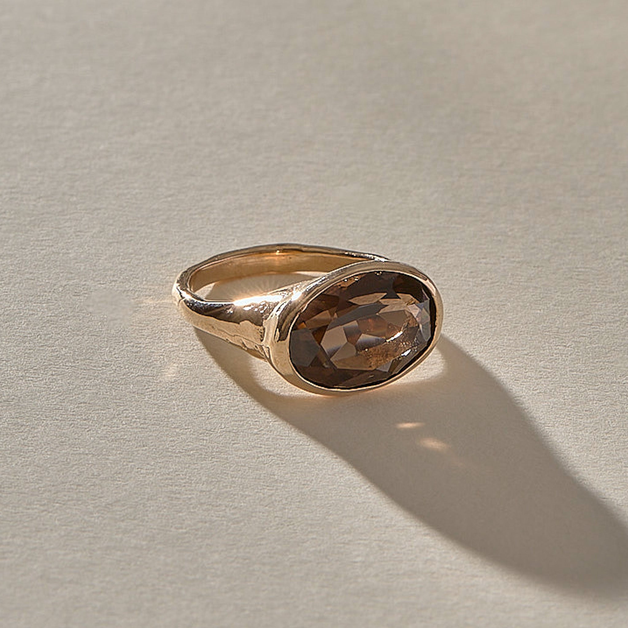 Smoky Quartz Signet Ring in recycled bronze, low angle view of the signet face