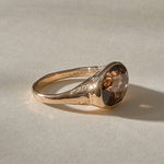Smoky Quartz Signet Ring in recycled bronze, side view of the hand-carved band