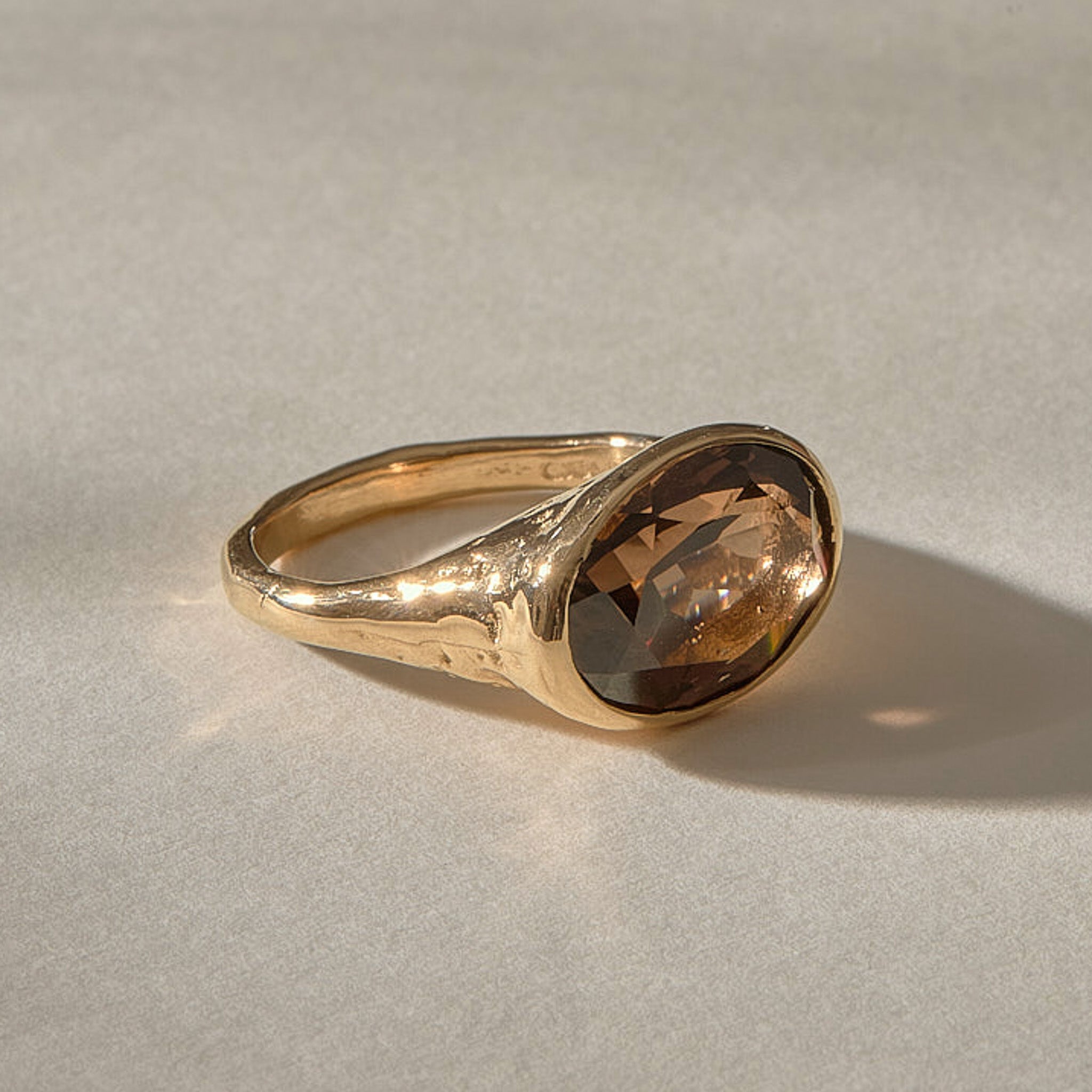 Smoky Quartz Signet Ring in solid recycled gold, front view of the signet face