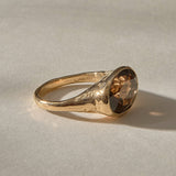 Smoky Quartz Signet Ring in solid recycled gold, side view of the hand-carved band