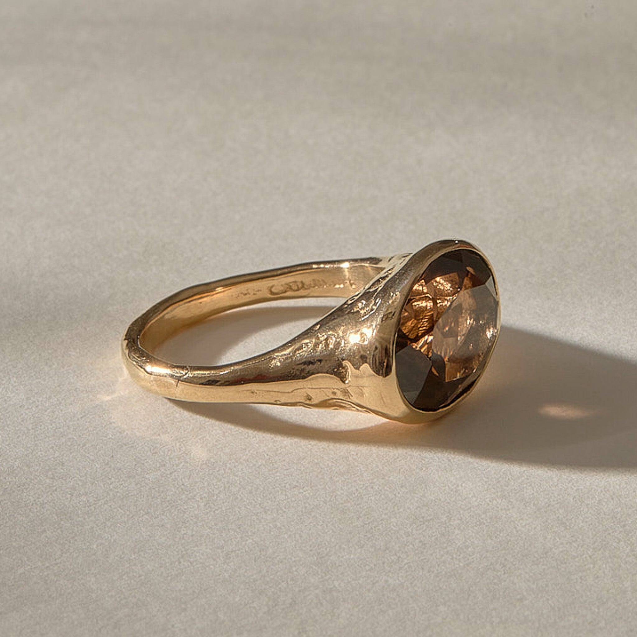 Smoky Quartz Signet Ring in solid recycled gold, side view of the hand-carved band
