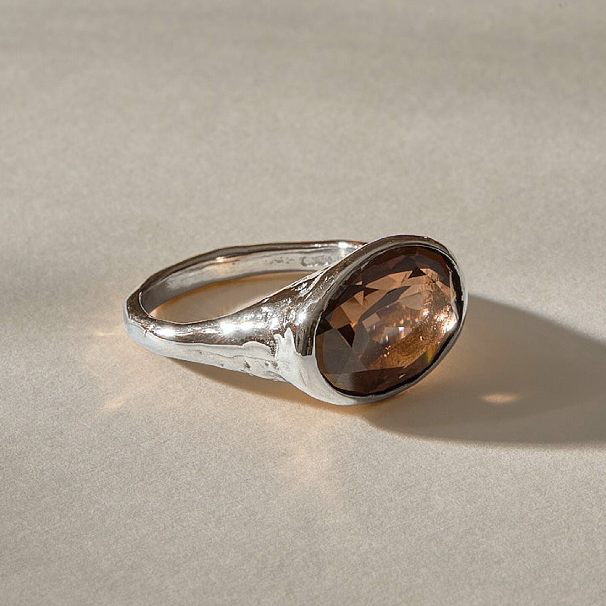 Smoky Quartz Signet Ring in recycled sterling silver, front view of the signet face