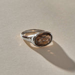 Smoky Quartz Signet Ring in recycled sterling silver, low angle view of the oval stone