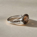 Smoky Quartz Signet Ring in recycled sterling silver, side view of the hand-carved band