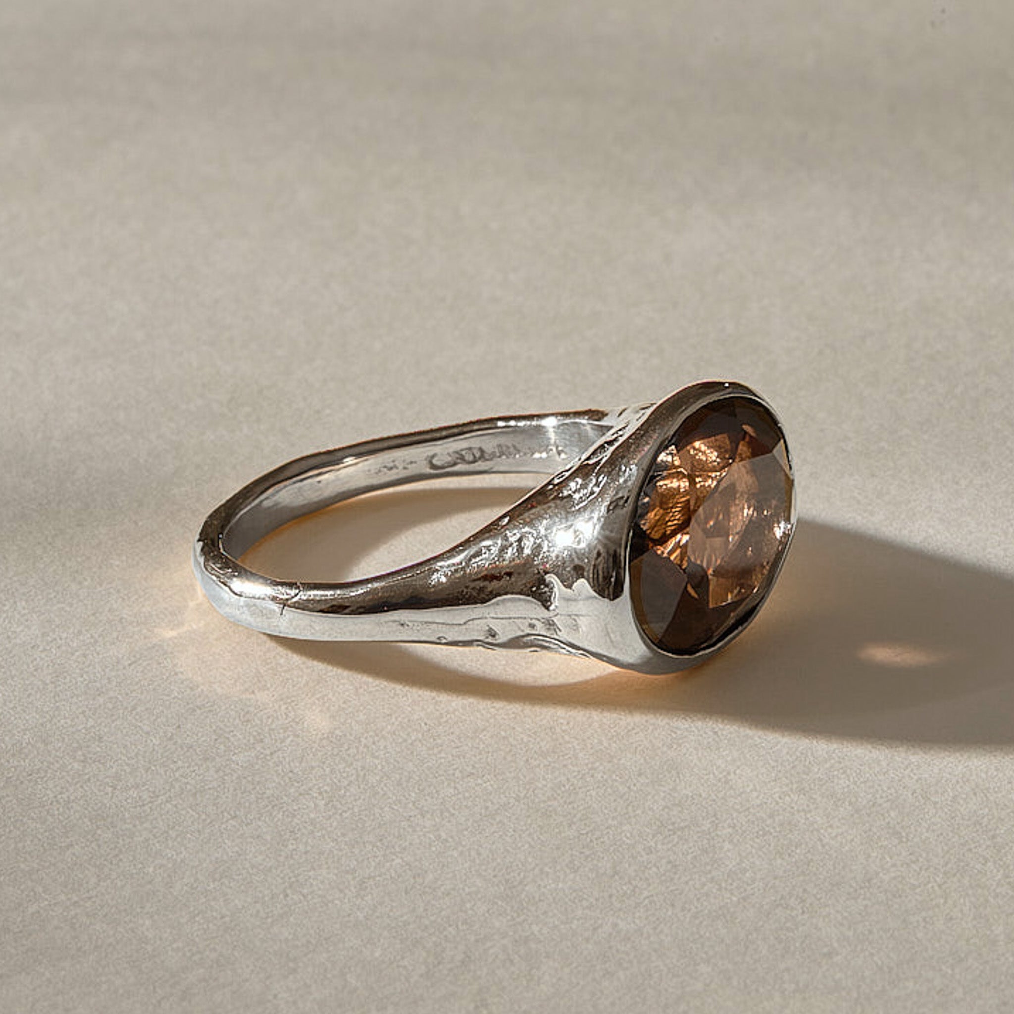 Smoky Quartz Signet Ring in recycled sterling silver, side view of the hand-carved band