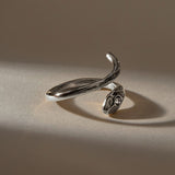 Stoned Serpent Smoky Quartz Ring in recycled sterling silver, angled view of the snake head and tail
