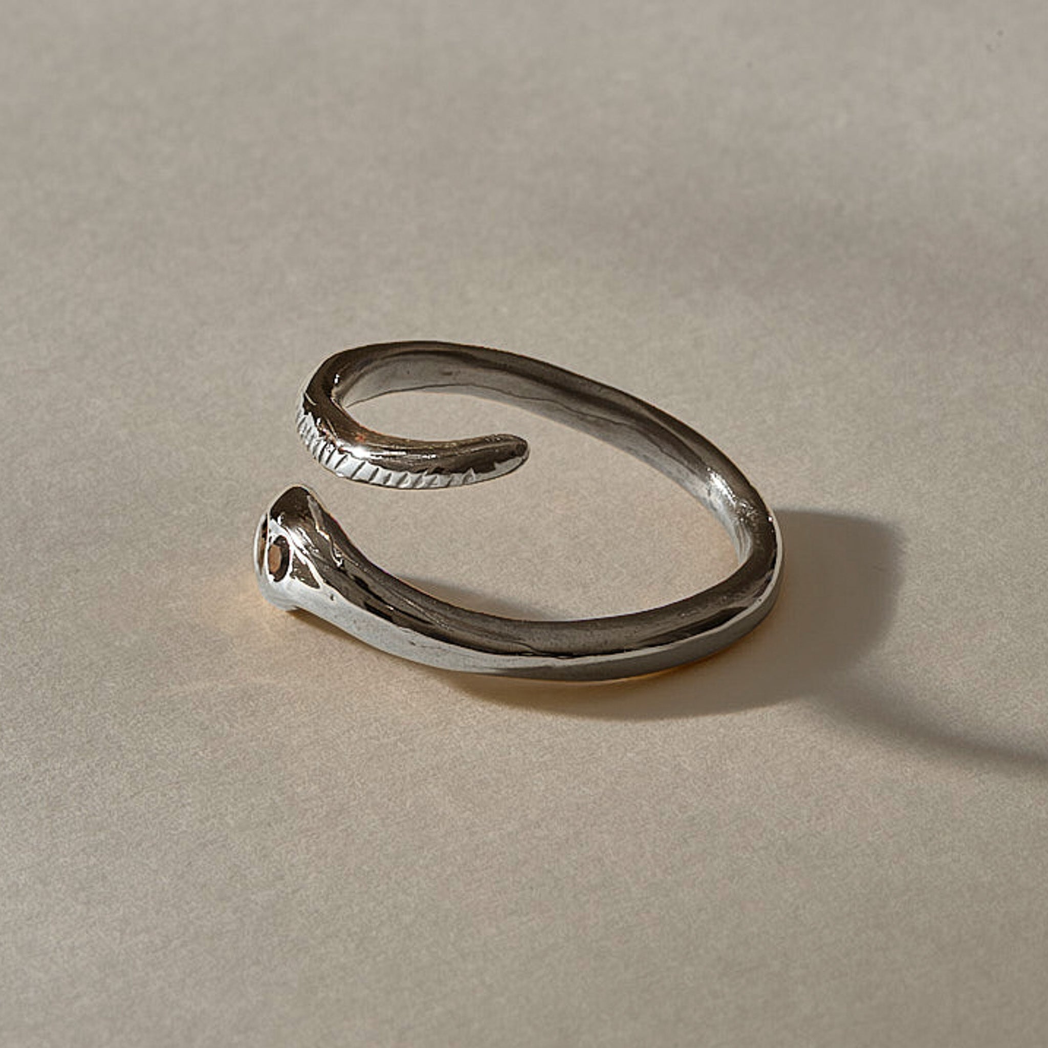 Stoned Serpent Smoky Quartz Ring in recycled sterling silver, view from above of the coiled snake