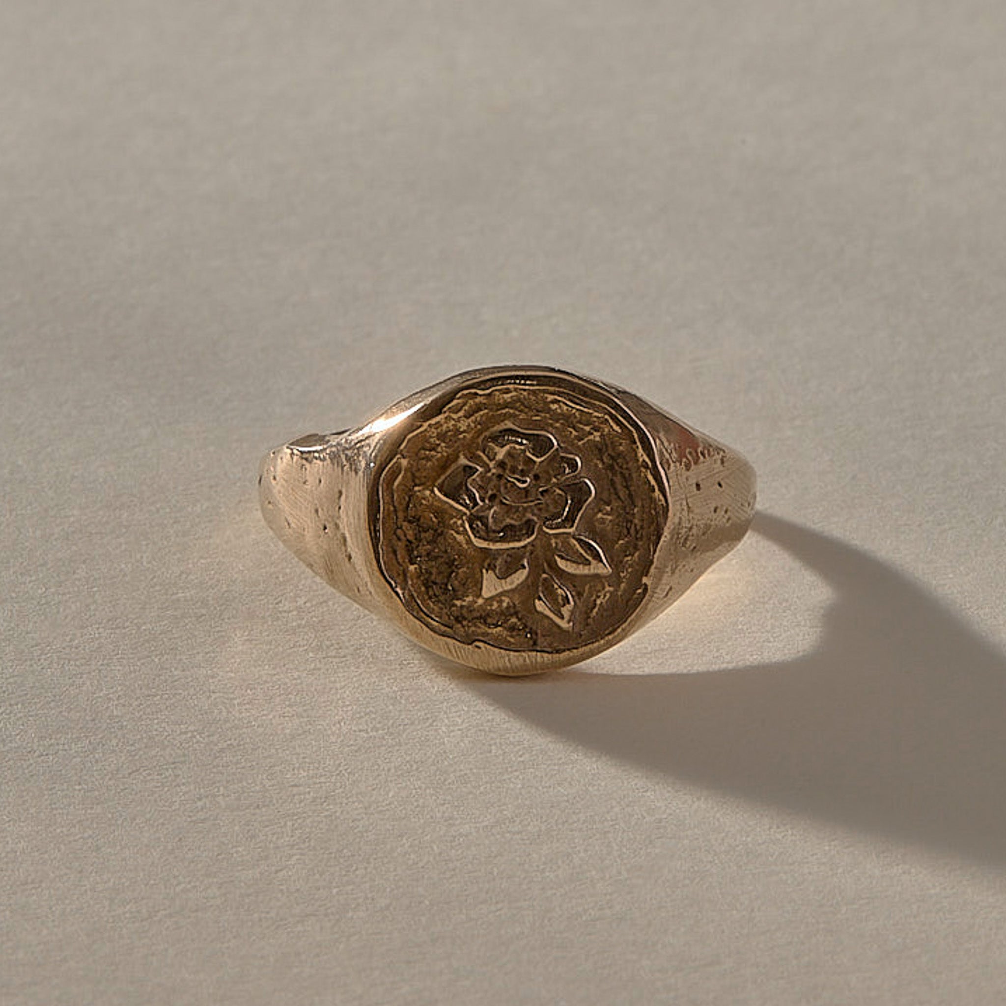 Wild Rose Ring in recycled bronze, signet ring engraved with a wild rose
