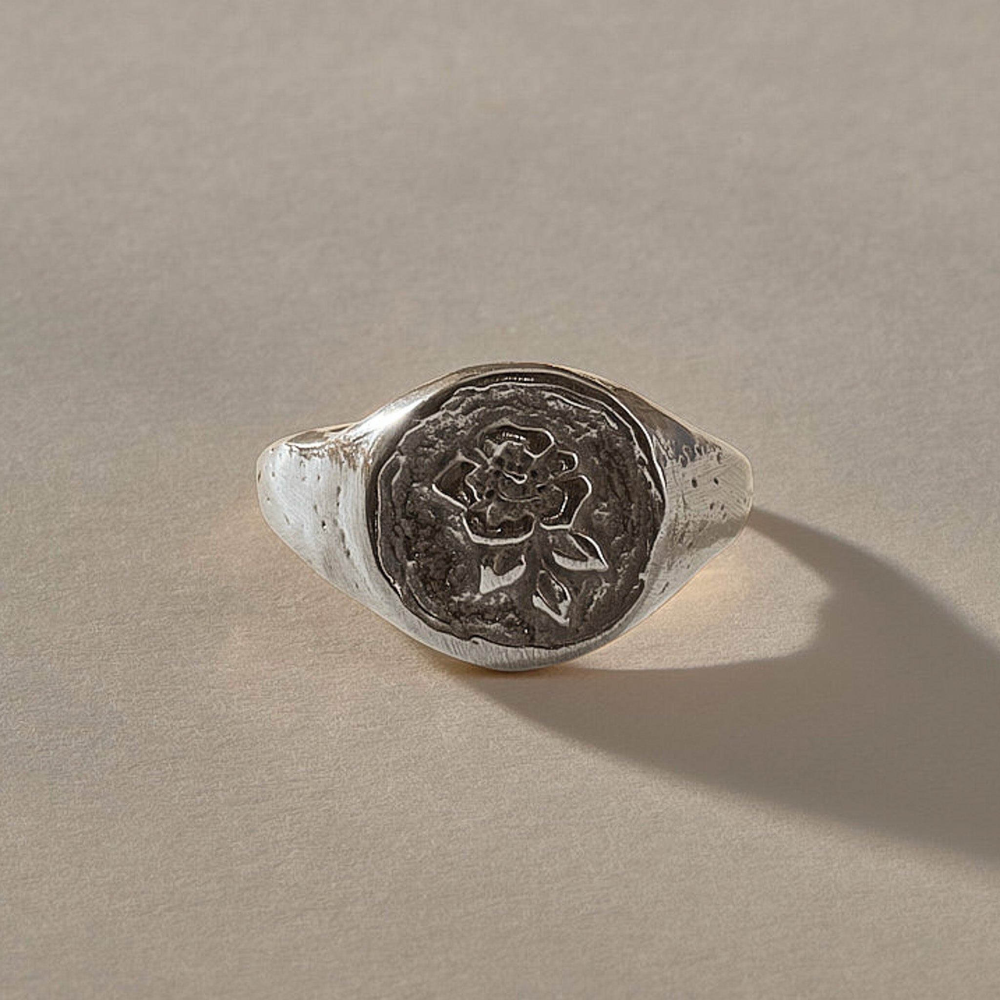 Wild Rose Ring in recycled sterling silver, signet ring engraved with a wild rose