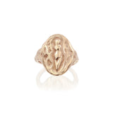 Venus Signet Ring from the front on a white background, showing the carved goddess figure inspired by the Venus of Abri Pataud.