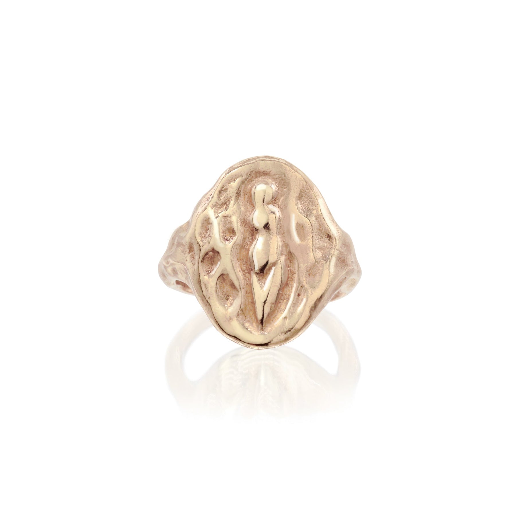 Venus Signet Ring from the front on a white background, showing the carved goddess figure inspired by the Venus of Abri Pataud.